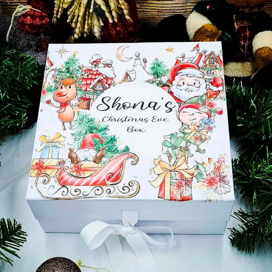 Decorative Christmas Eve box with festive illustrations and personalised with the words Christmas Eve Box and the childs name, surrounded by Christmas decorations.