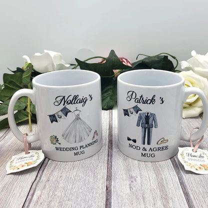 Personalised wedding planning mugs featuring a bride’s dress and groom’s suit design, perfect engagement or wedding gift by HanaLee Studios.