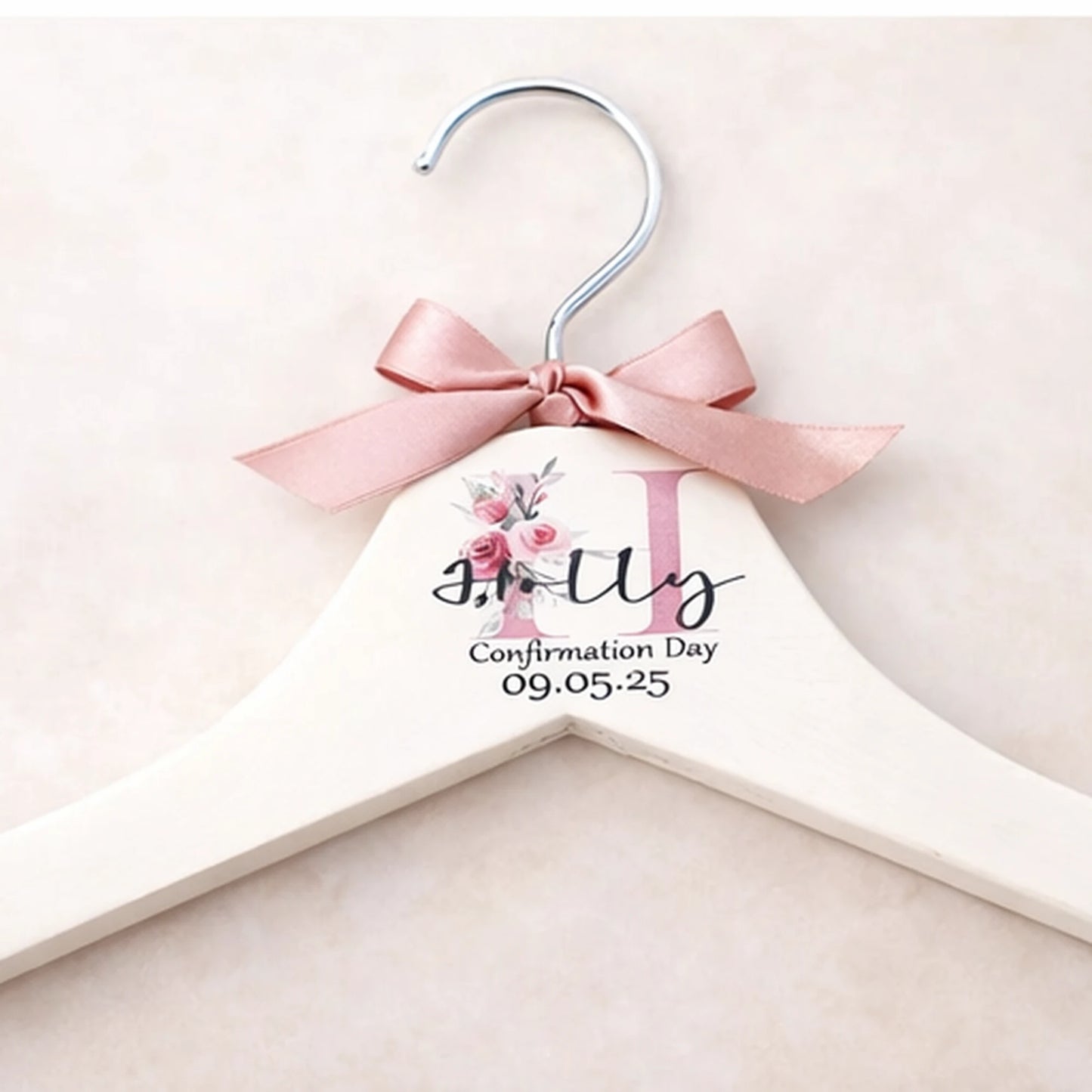 Personalised confirmation dress hanger styled on neutral background, Irish made gift for confirmation day