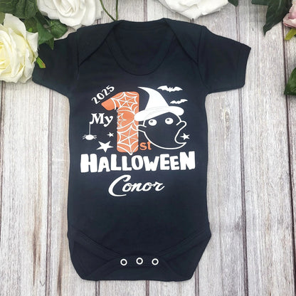 Close-up of personalised Halloween baby vest, Meath-based Irish studio