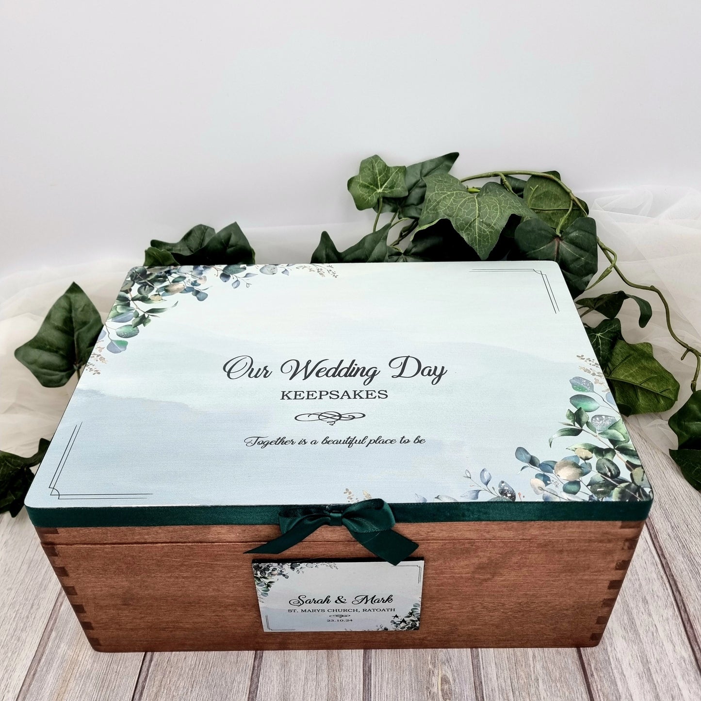 Dot’s Keepsake Box personalised wooden wedding memory box with names and date, Irish made gift