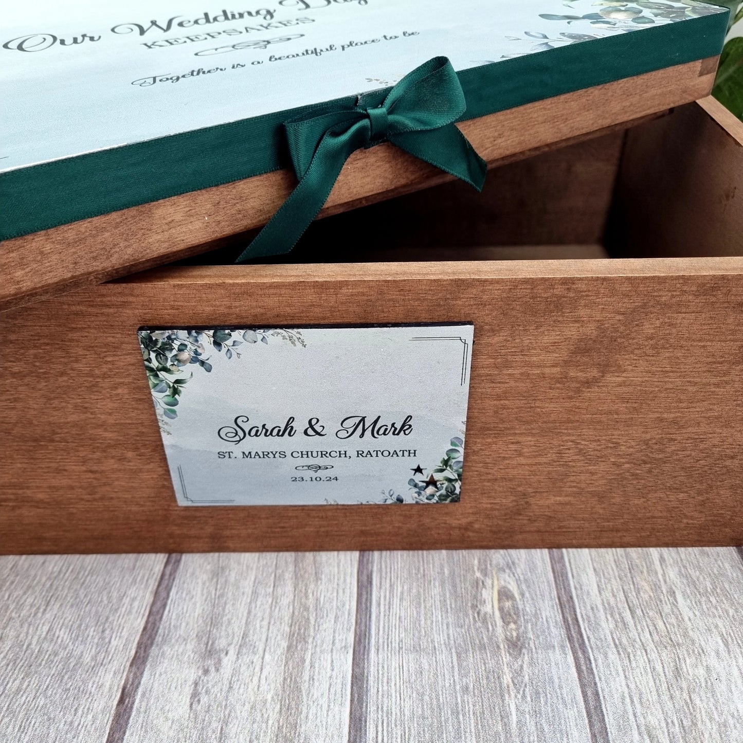 Personalised wooden keepsake box with names and wedding date printed on lid clean flat lay product image