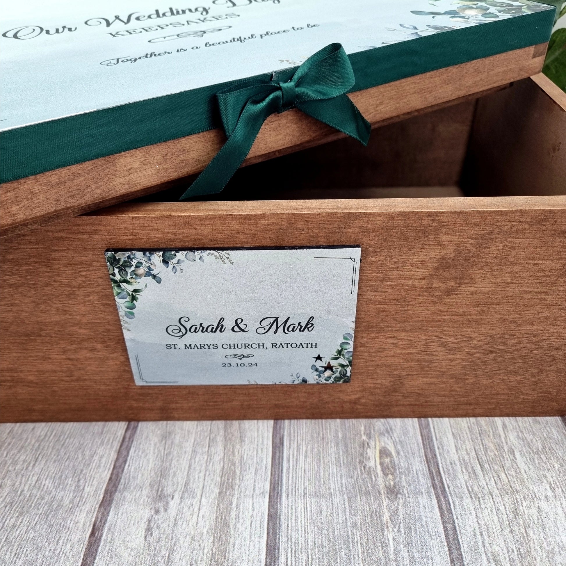Personalised wooden keepsake box with names and wedding date printed on lid clean flat lay product image