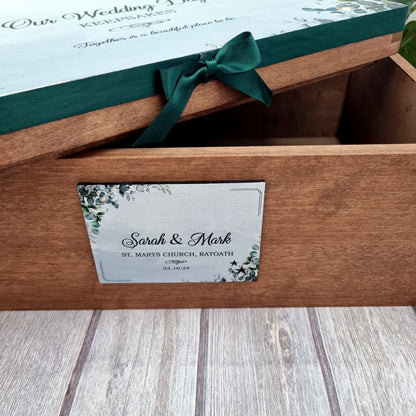 Personalised wooden keepsake box with names and wedding date printed on lid clean flat lay product image