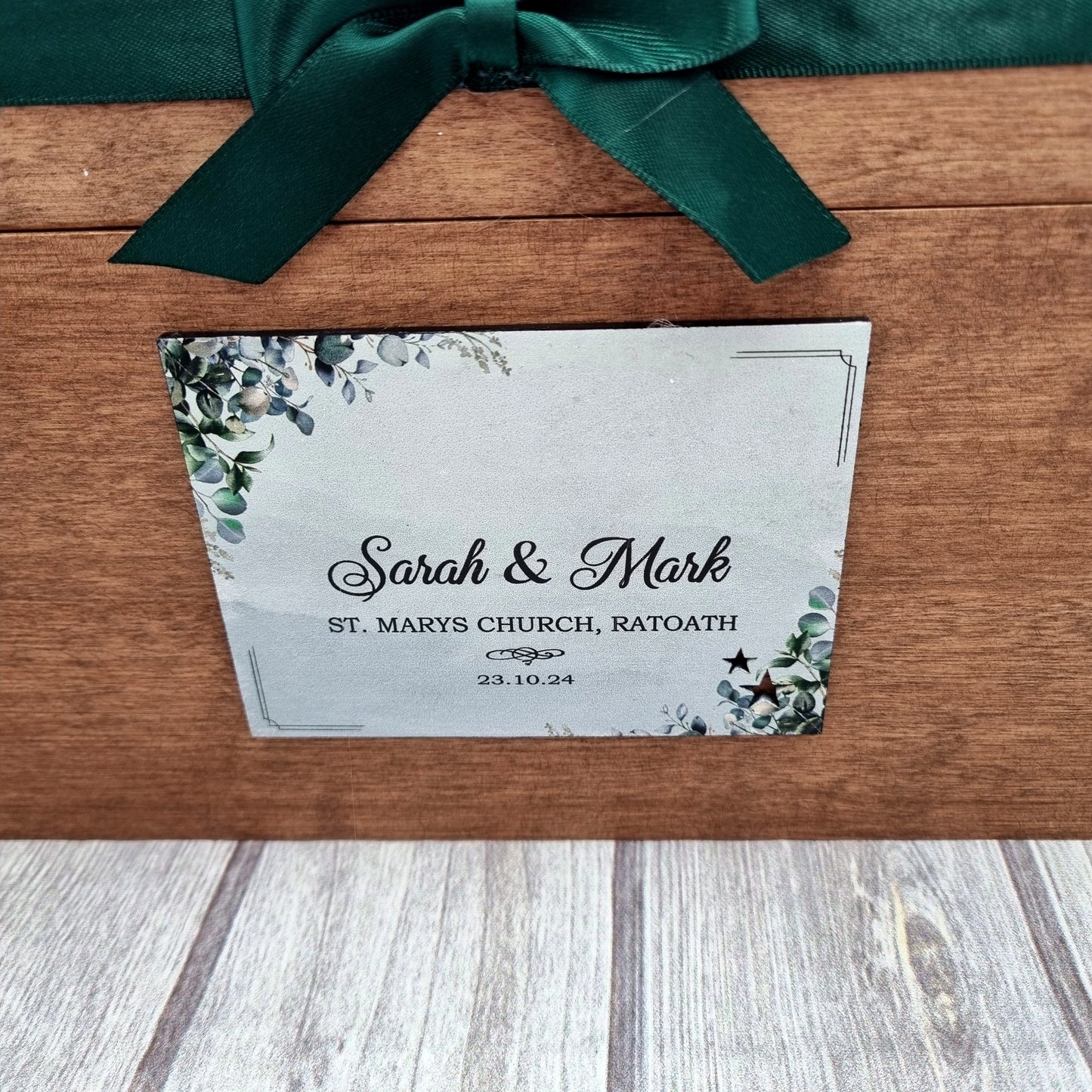 Dot’s Keepsake Box personalised wooden wedding memory box displayed on table during wedding morning preparations