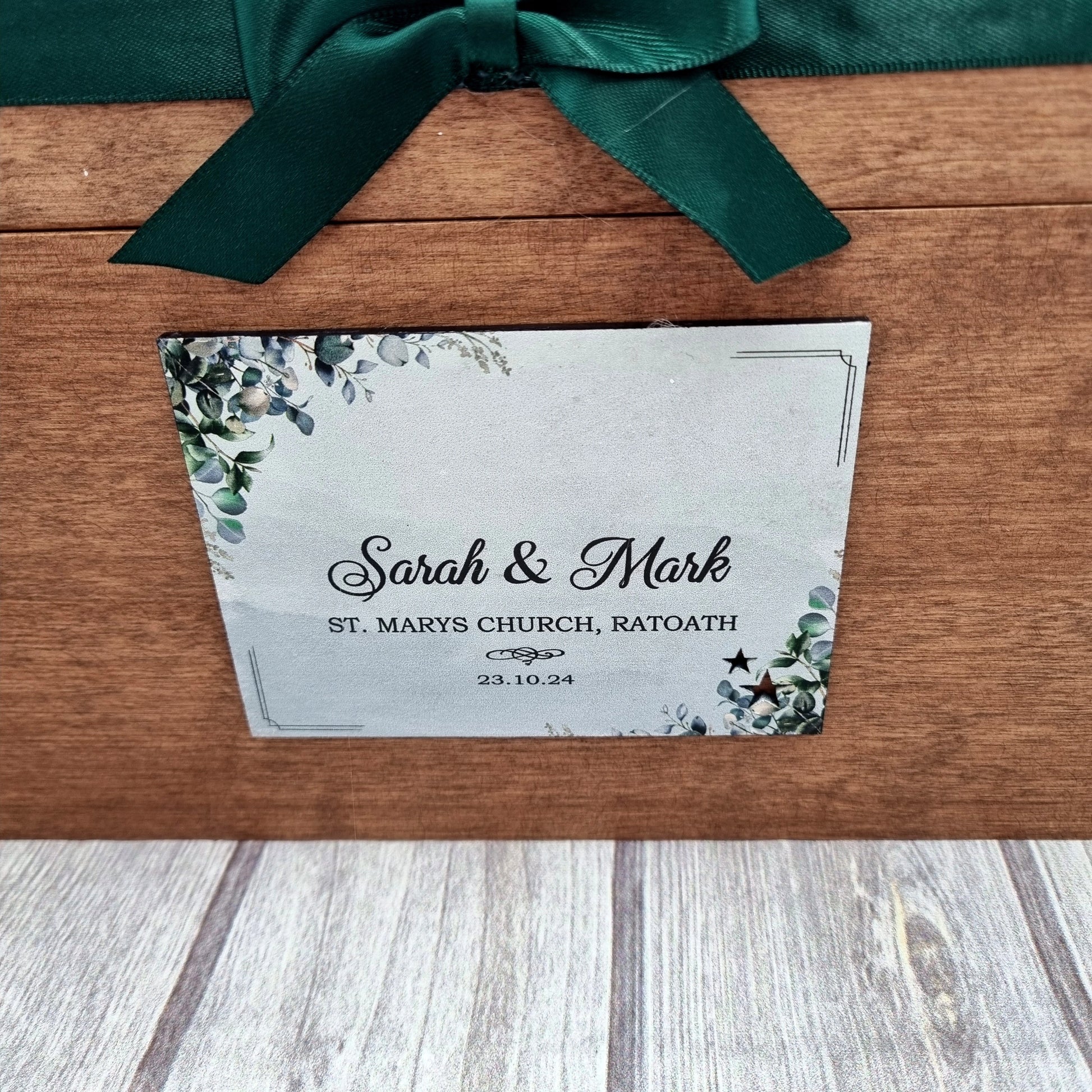 Dot’s Keepsake Box personalised wooden wedding memory box displayed on table during wedding morning preparations