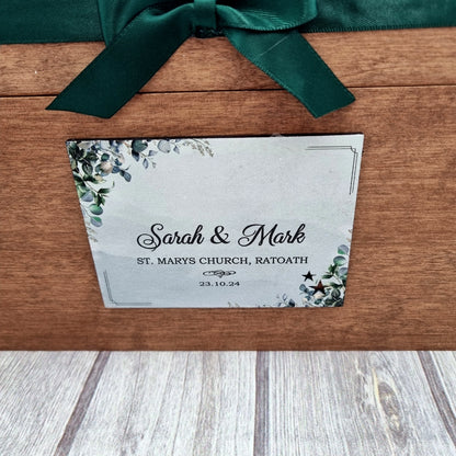 Dot’s Keepsake Box personalised wooden wedding memory box displayed on table during wedding morning preparations