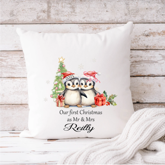 White velvet personalised “Our First Christmas as Mr & Mrs” cushion featuring penguin couple, Christmas tree and custom family name – Irish made.