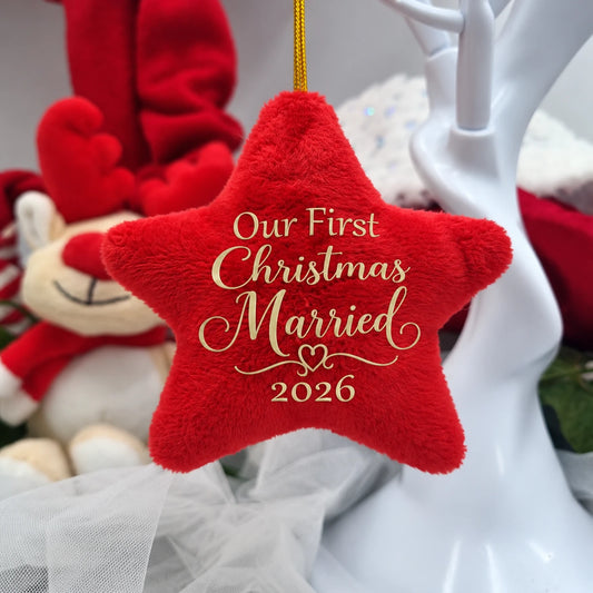 Red plush hanging star Christmas decoration with Our First Christmas as Mr & Mrs design and year 2026.