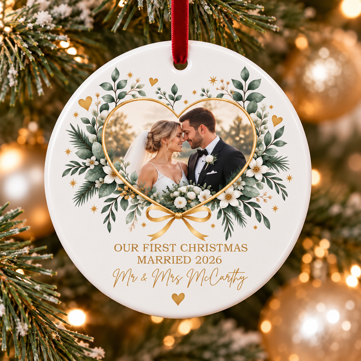 A round white ceramic Christmas ornament hanging on a decorated Christmas tree. The ornament features a custom photo of a bride and groom framed by a gold heart and green foliage border, with the text 'OUR FIRST CHRISTMAS MARRIED 2026' and 'Mr & Mrs McCannity' printed below.