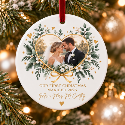 A round white ceramic Christmas ornament hanging on a decorated Christmas tree. The ornament features a custom photo of a bride and groom framed by a gold heart and green foliage border, with the text 'OUR FIRST CHRISTMAS MARRIED 2026' and 'Mr & Mrs McCannity' printed below.