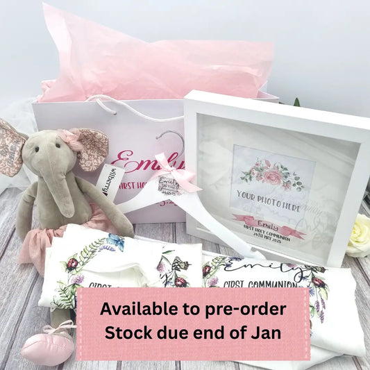 First Communion gift set with elephant tteddy, photo frame, pyjamas, robe and bag