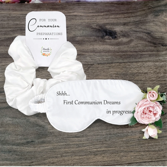 First Communion scrunchie and sleep mask set with Communion message, Irish made keepsake gift by HanaLee Studios