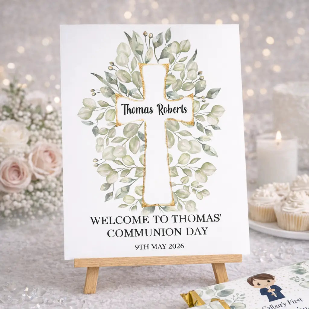 Decorative sign for a Communion celebration with floral design and text on a white background.