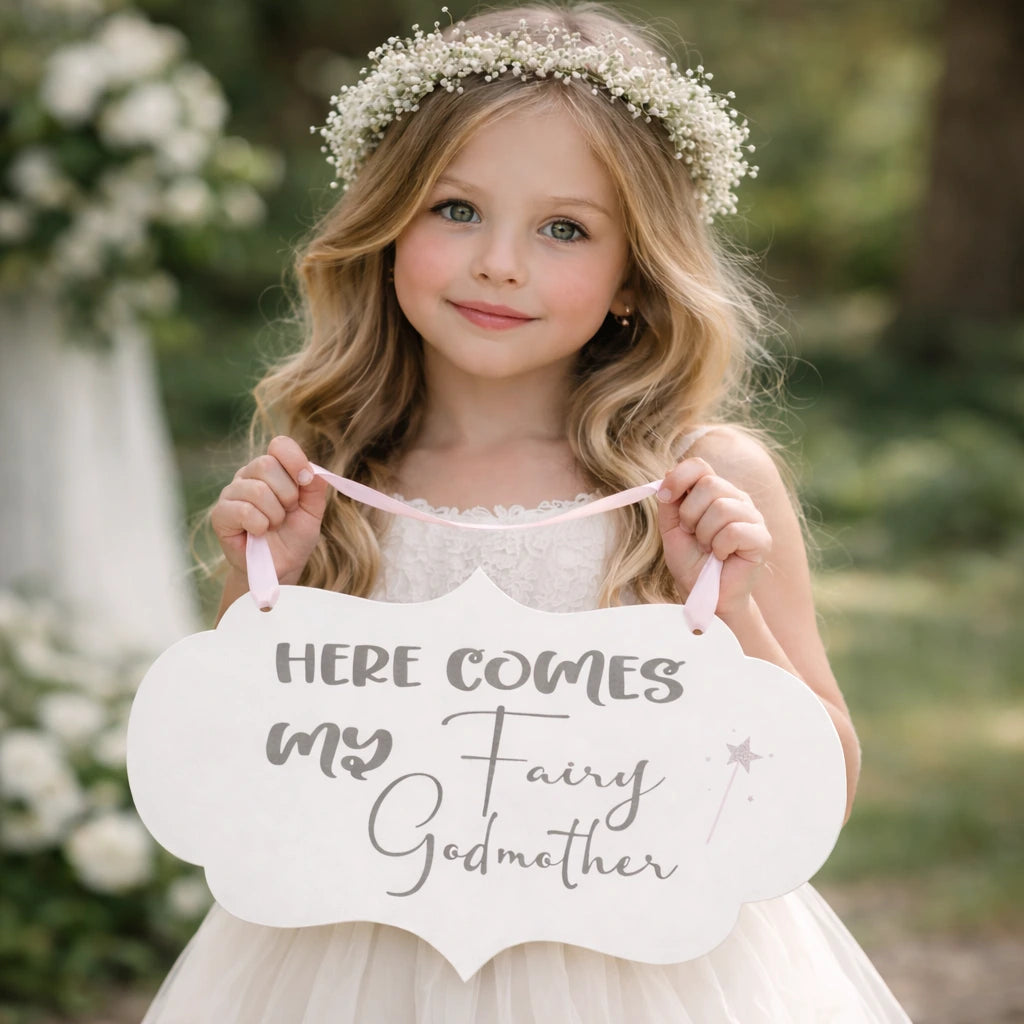 Flower girl in a white dress holding a “Here Comes My Fairy Godmother” wedding sign with pink ribbon, suitable for a wedding ceremony entrance.