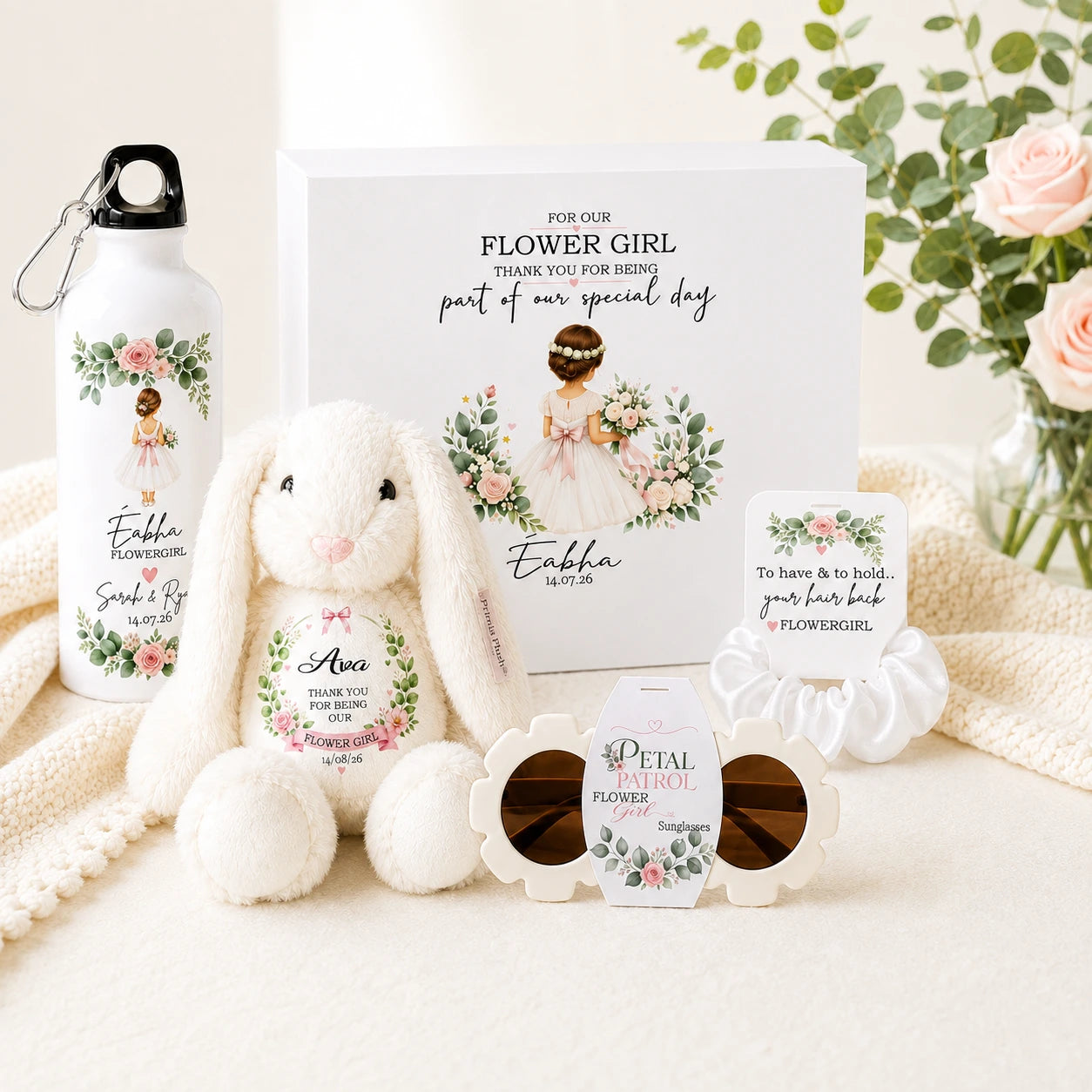 Personalised flower girl wedding gift set with gift box, teddy bear, drinks bottle, flower sunglasses and white scrunchie