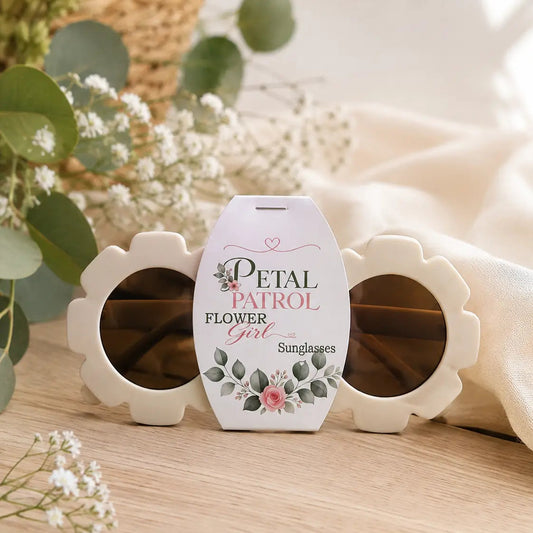 Flower-shaped Flower Girl Petal Patrol sunglasses with floral wedding presentation card