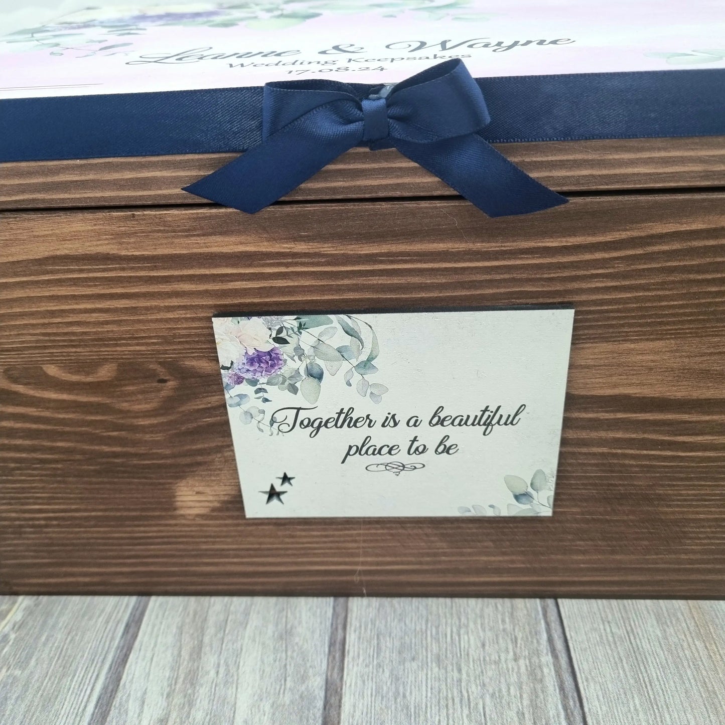 Front plaque for wedding keepsake box with together is a beautiful place to be printed with matching design to lid. 