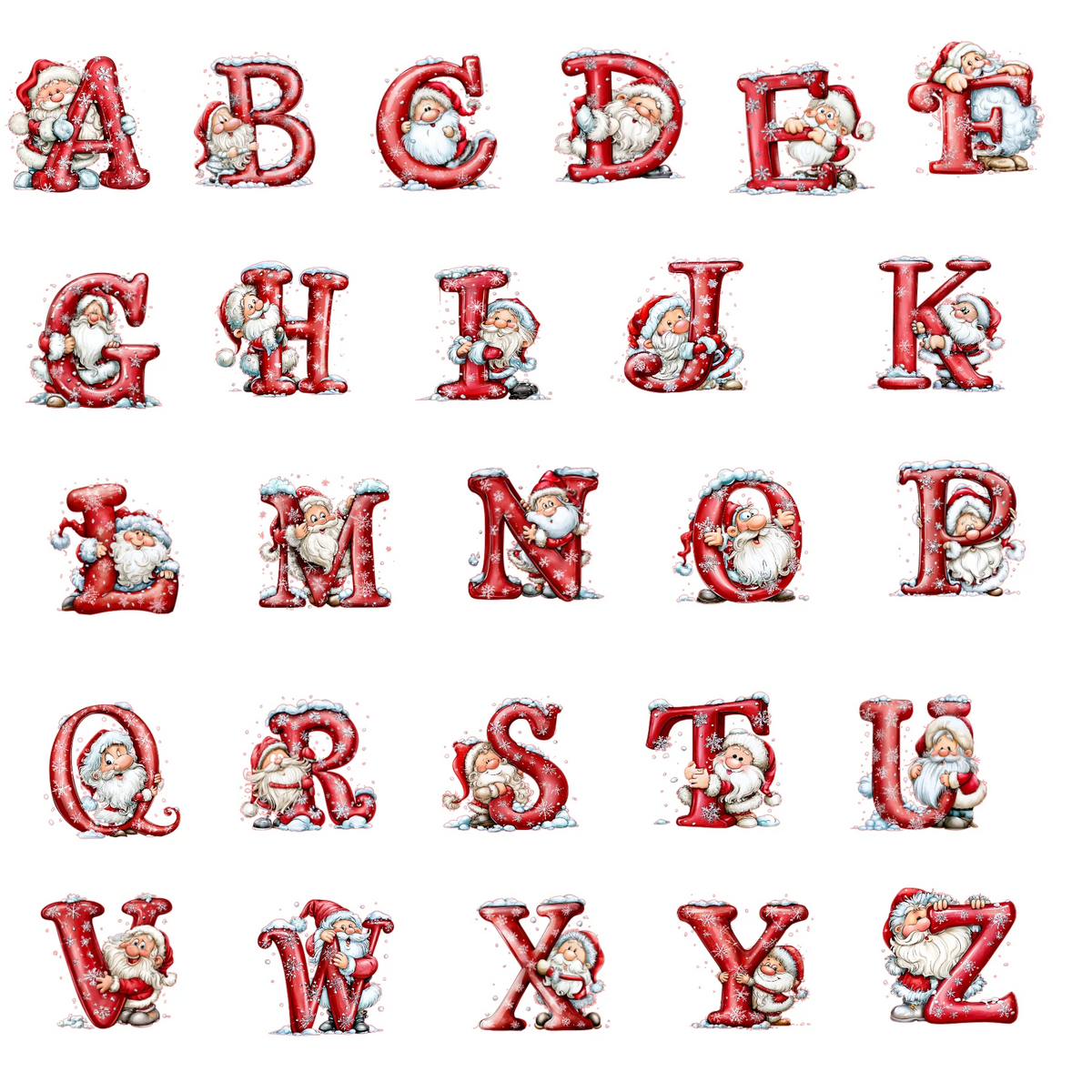 A decorative alphabet illustration showing the letters A through Z, each styled as a red Santa-shaped letterform with small gnome figures integrated into the design, on a plain white background.
