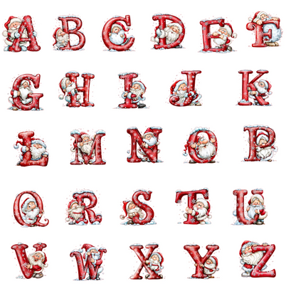 A decorative alphabet illustration showing the letters A through Z, each styled as a red Santa-shaped letterform with small gnome figures integrated into the design, on a plain white background.