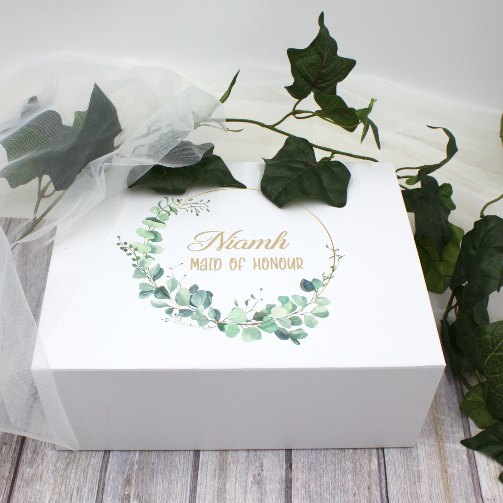 Heavenly scent gift set with white personalised luxury gift box with eucalyptus wreath design 