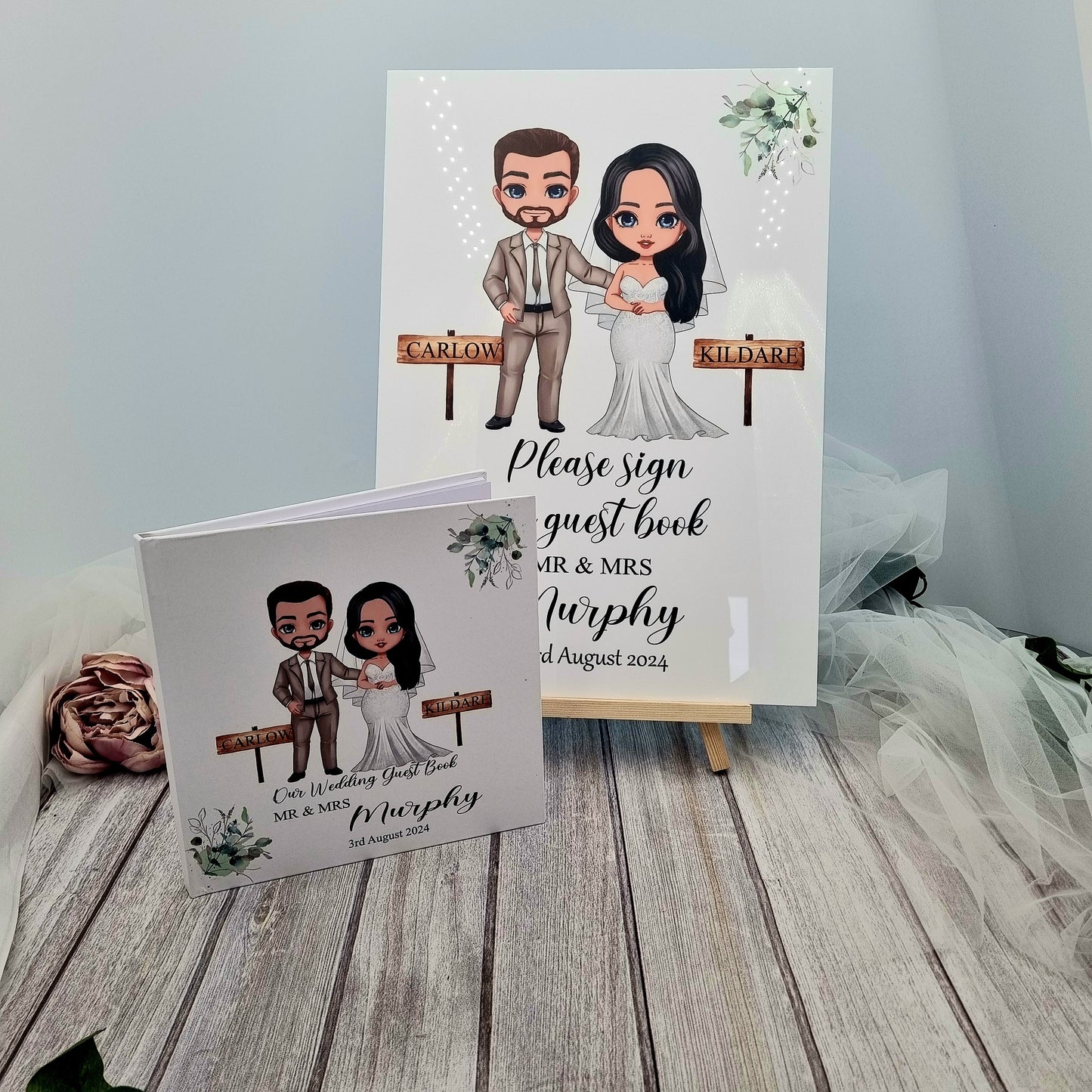 Wedding guest book and sign with cartoon bride and groom illustration. 