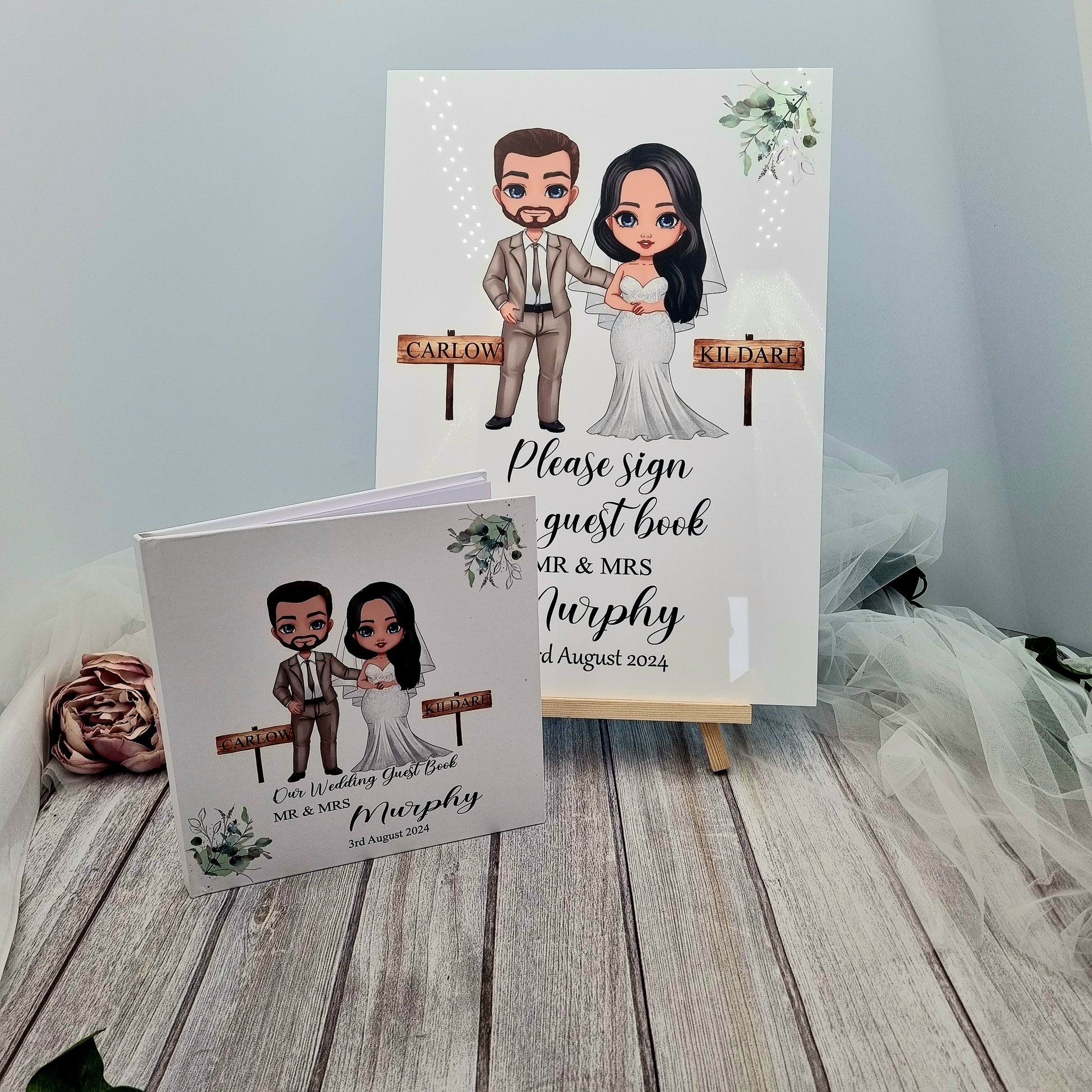 Wedding guest book and sign with cartoon bride and groom illustration. 