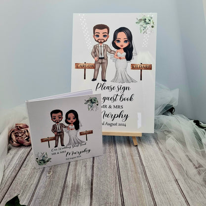 Wedding guest book and sign with cartoon bride and groom illustration. 