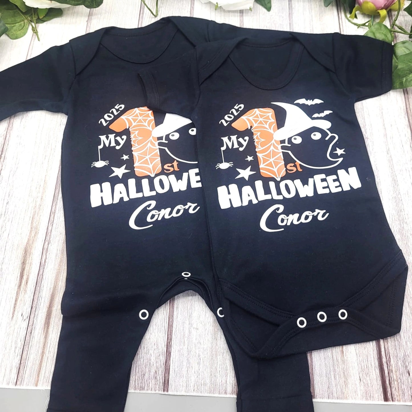 Black personalised Halloween baby vest and babygro 