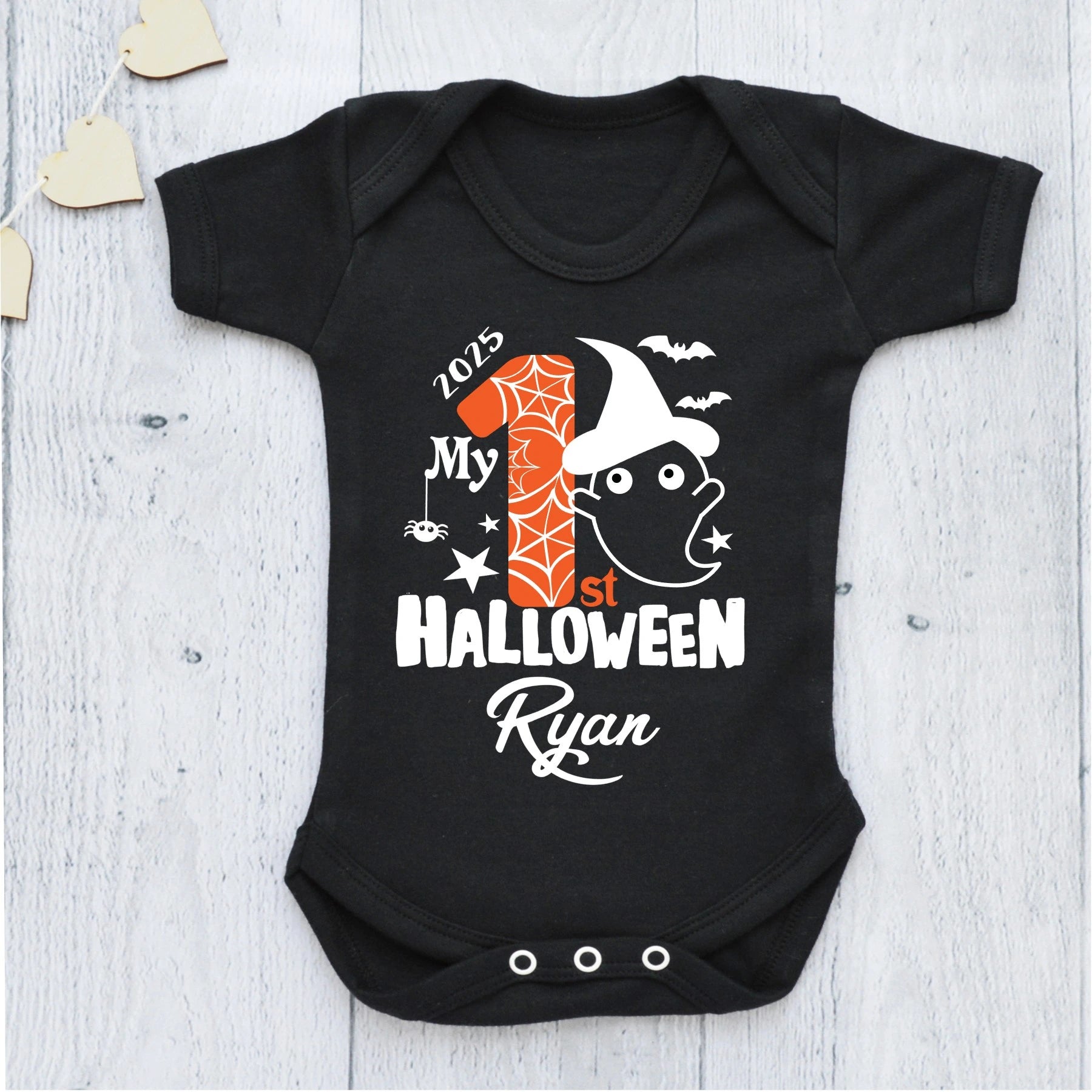 Personalised My 1st Halloween baby vest in black, printed in Ireland