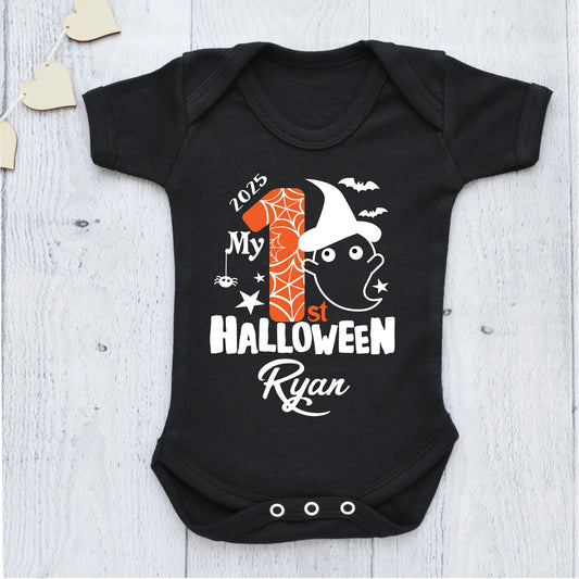 Personalised My 1st Halloween baby vest in black, printed in Ireland