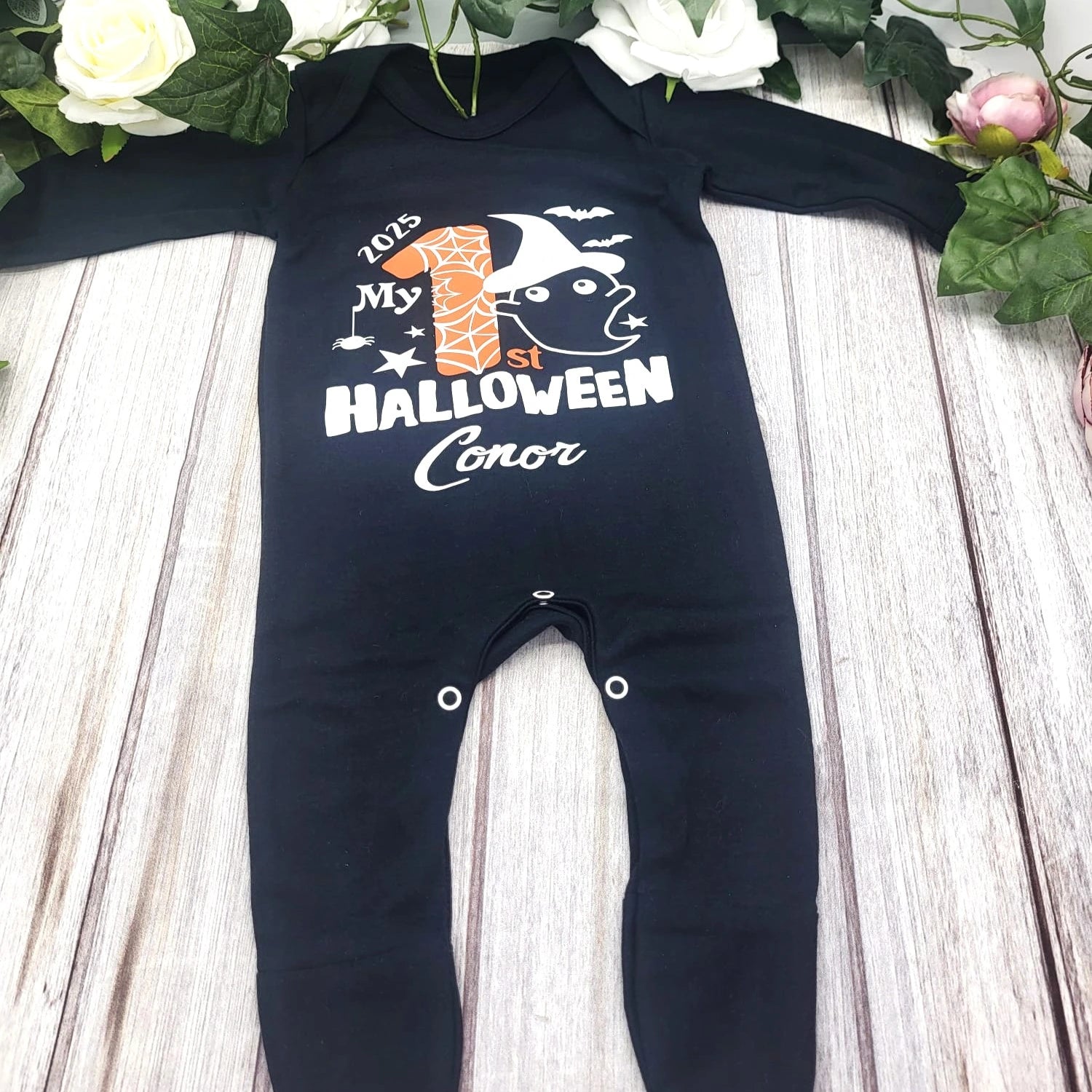 Soft cotton Halloween baby bodysuit with ghost design, name and year