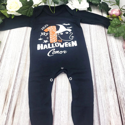 Soft cotton Halloween baby bodysuit with ghost design, name and year