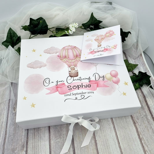 White personalised christening or naming day box with beautiful hot air balloon teddy design and personalised with baby details. 