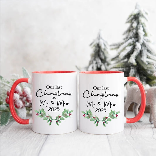 Our Last Christmas as Mr & Miss 2025 red-handled couple mug set with holly wreath, personalised Irish Christmas mugs by HanaLee Studios