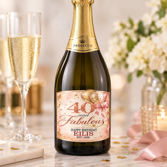Personalised Milestone Birthday Wine & Prosecco Label – Pink & Rose Gold