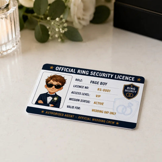 Official Ring Security Licence Card displayed on a table, fun wedding keepsake gift for page boys and ring bearers with ring security theme