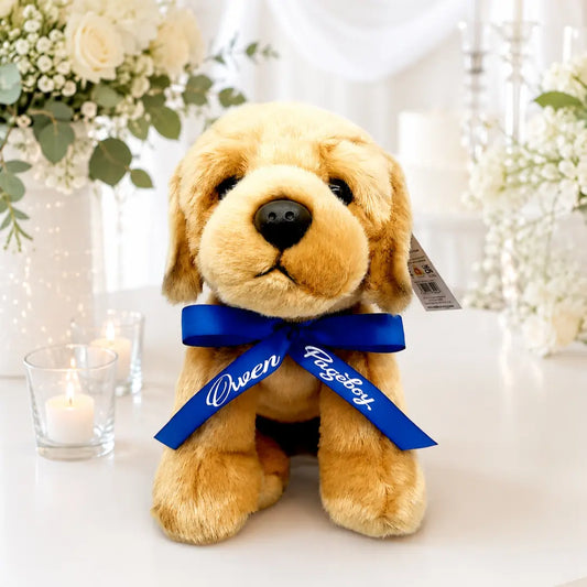 Golden plush puppy personalised with a page boy ribbon and name, displayed as a special wedding day gift for a young page boy.