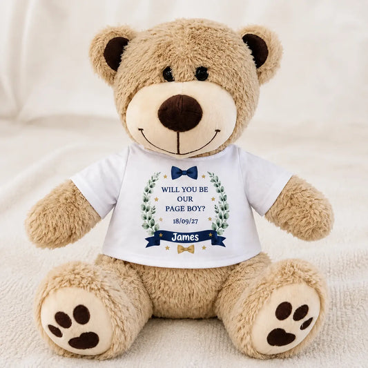 Personalised page boy proposal brown teddy bear with white T-shirt, name and wedding date
