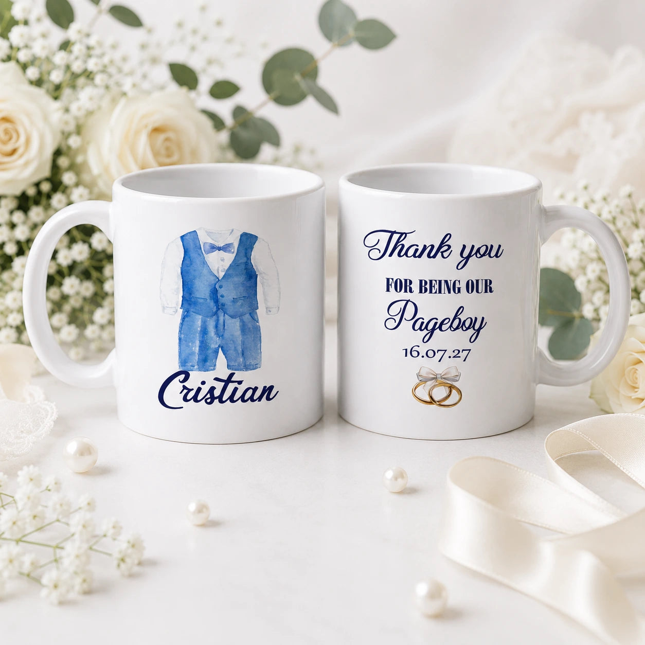 Pageboy thank you mug  with design of blue dress suit and bow tie 