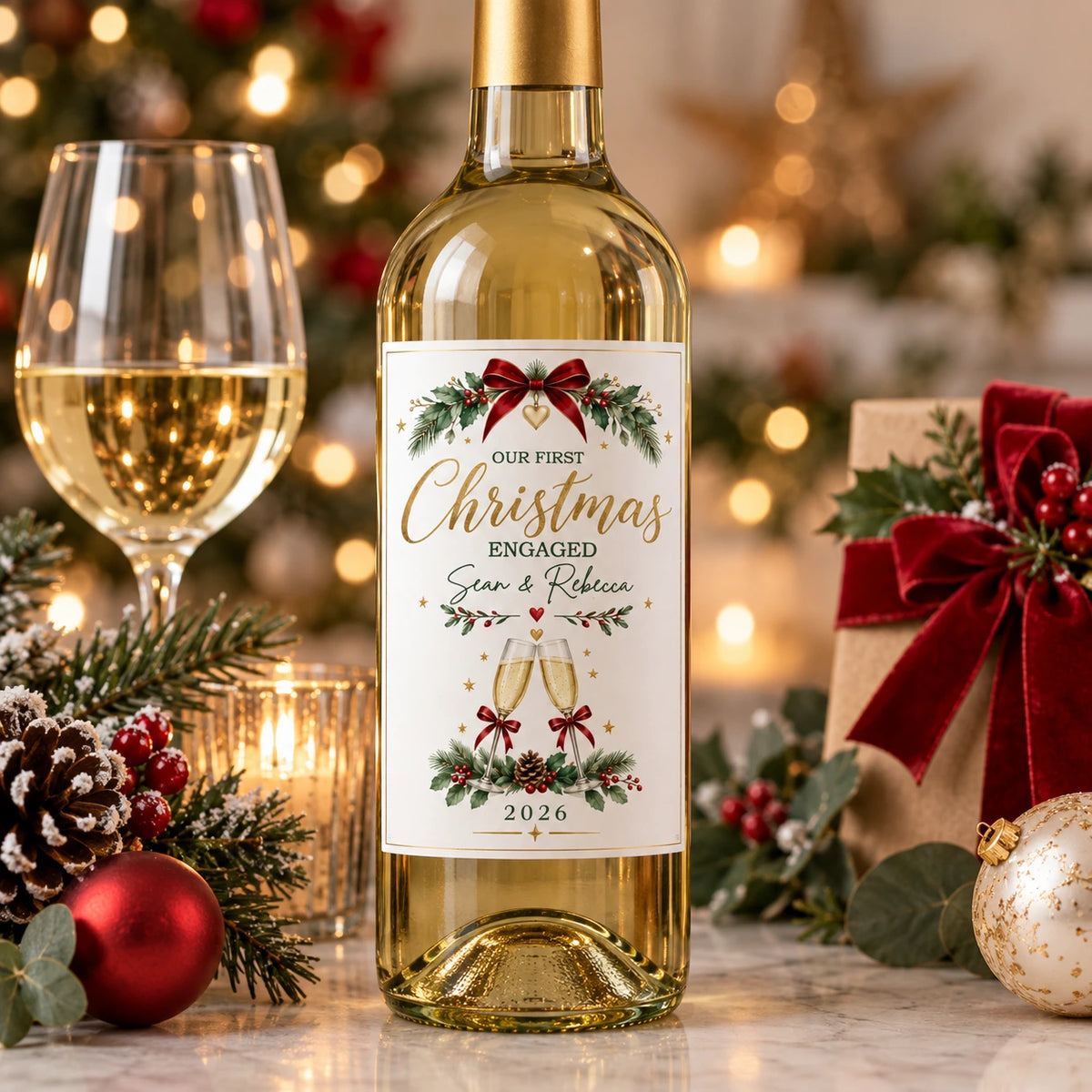 Personalised First Christmas Engaged wine bottle label with couple’s names and festive Christmas design