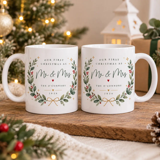 Set of two personalised First Christmas as Mr and Mrs mugs with surname and 2026 festive design, a Christmas gift for newlyweds.
