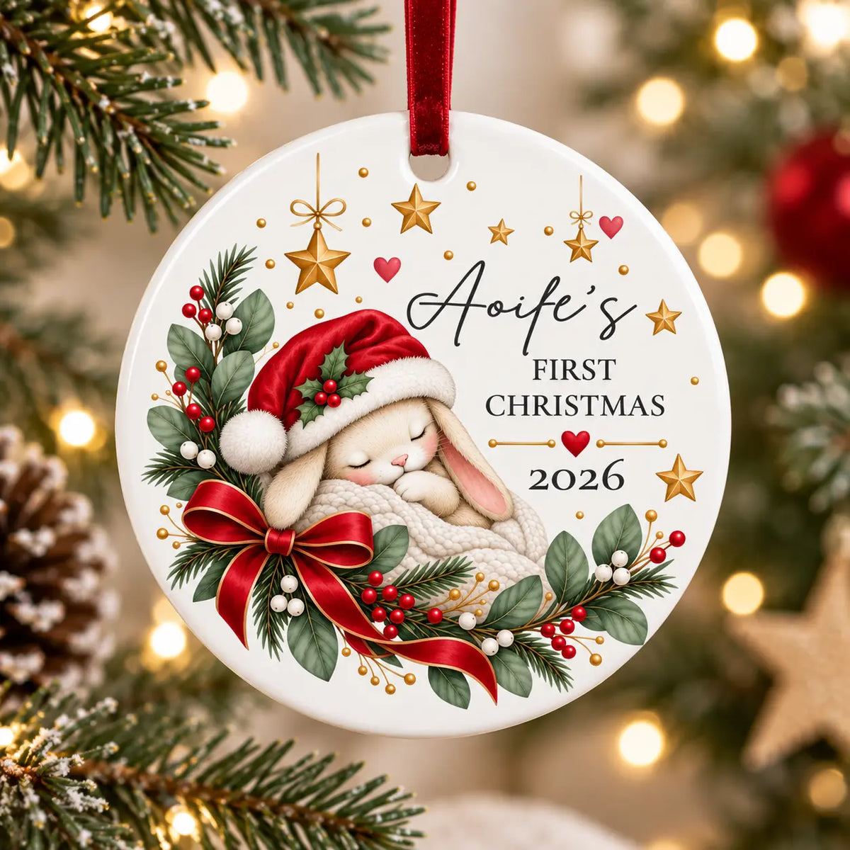 Personalised Baby’s First Christmas ceramic decoration with name and year hanging from a Christmas tree
