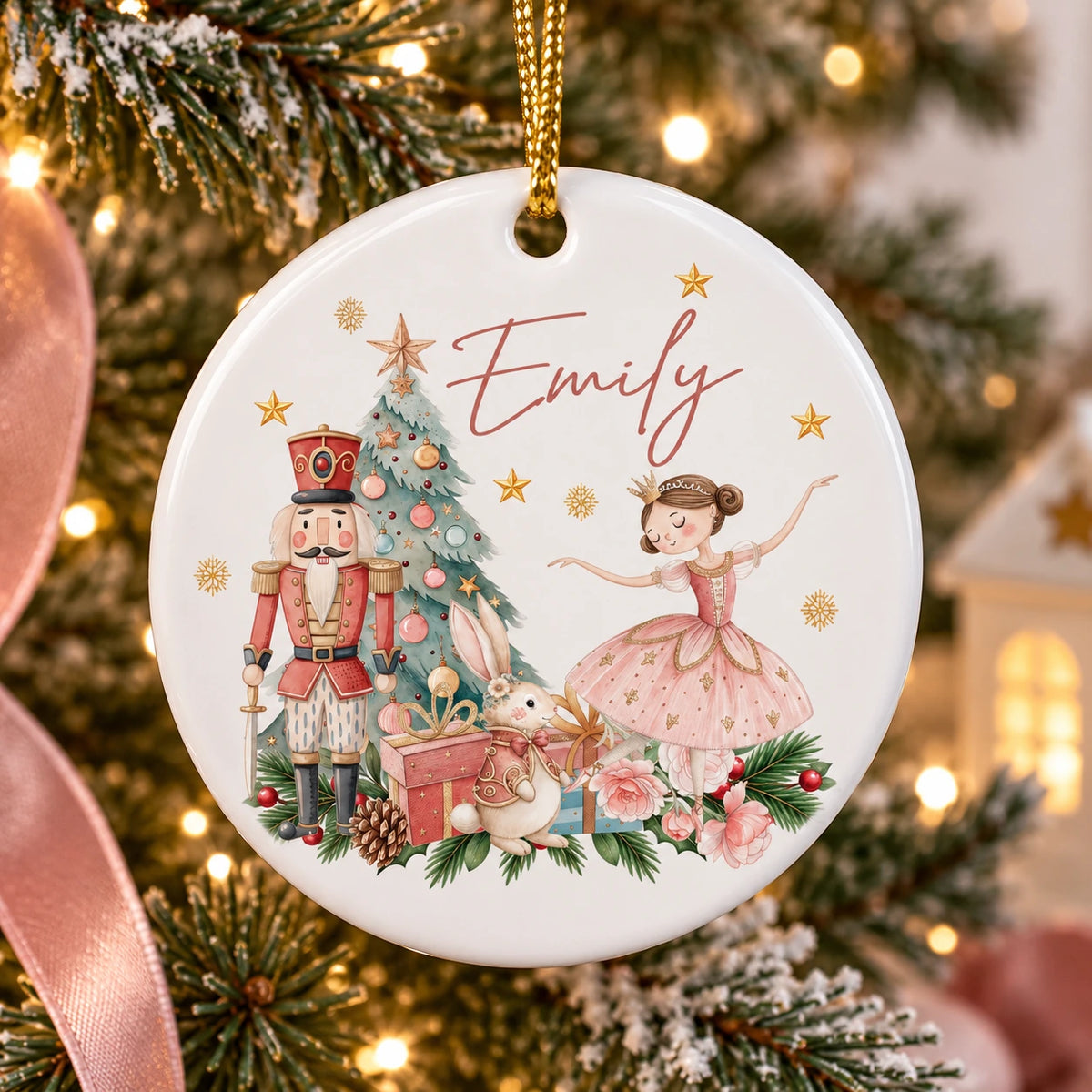 Personalised ceramic Christmas decoration with name Emily, ballerina, Nutcracker and pink festive design