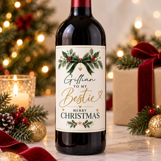 Personalised Bestie Christmas wine bottle label with name and festive green bow design