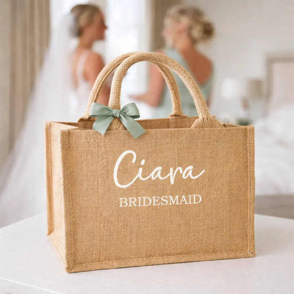 personalised bridal party tote bag with satin ribbon bow bridesmaid gift Ireland