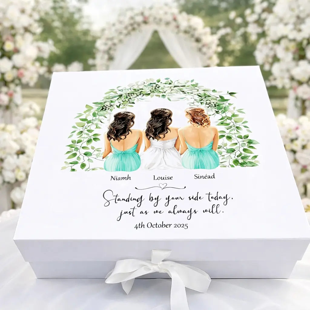Personalised bride and bridesmaid keepsake box with illustrated bridal party under green foliage wreath, custom names and wedding date, white magnetic gift box with ribbon, Irish wedding gift.