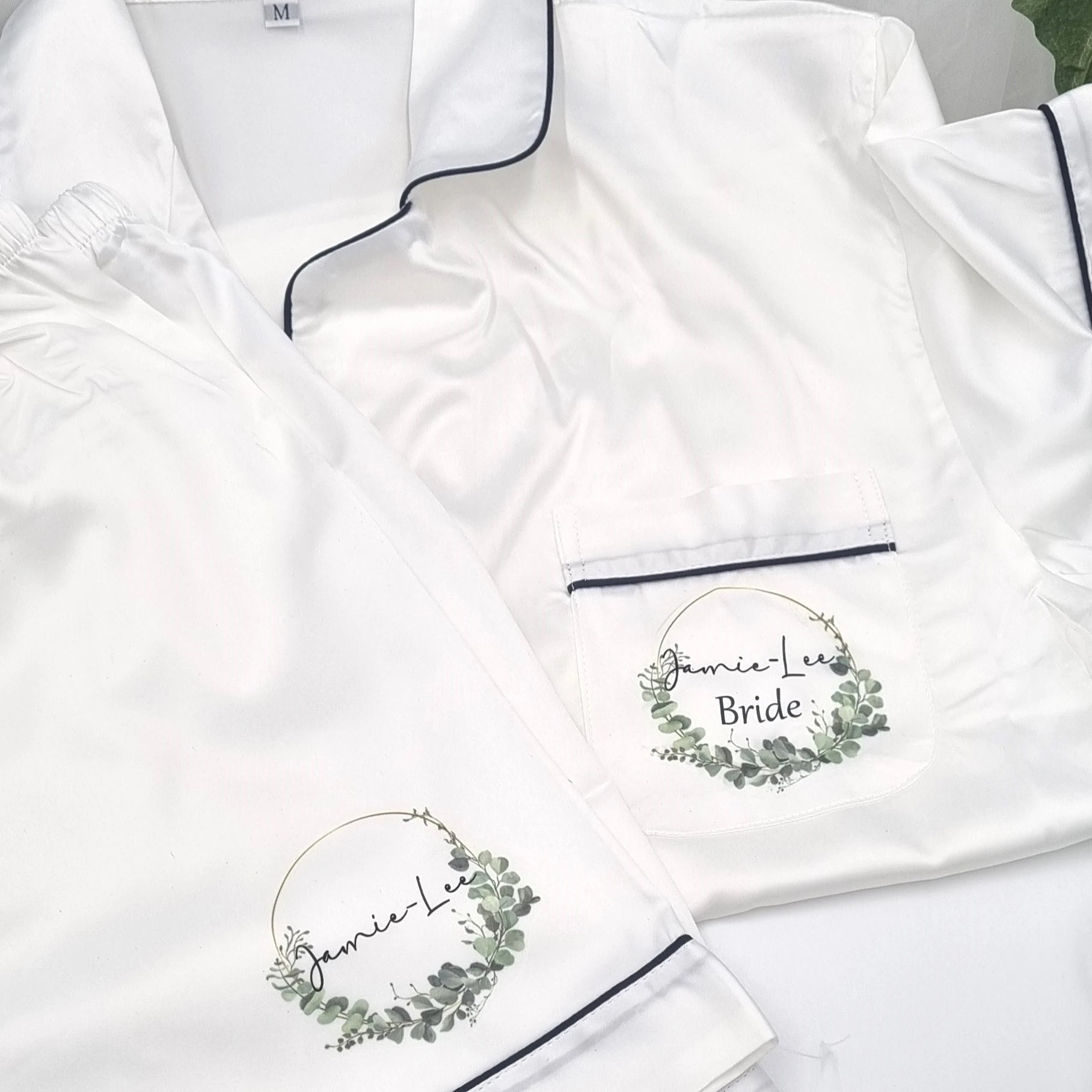 Personalised white bride pyjama set with eucalyptus wreath design and custom name print for wedding morning