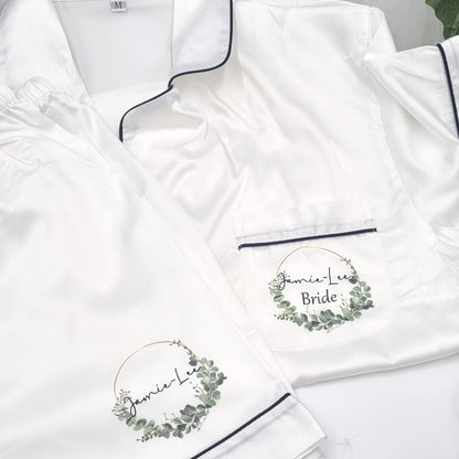 Personalised white bride pyjama set with eucalyptus wreath design and custom name print for wedding morning