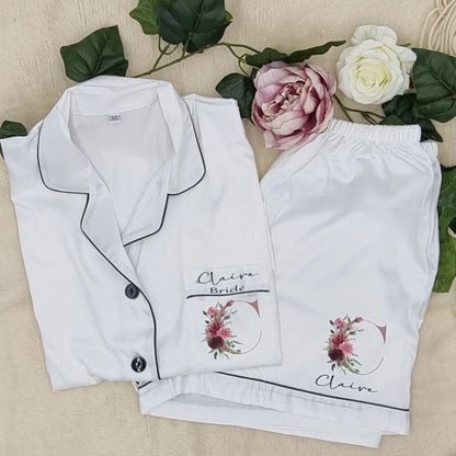 Personalised white bride pyjama set with pink floral initial and custom name print, bridal prep outfit Ireland